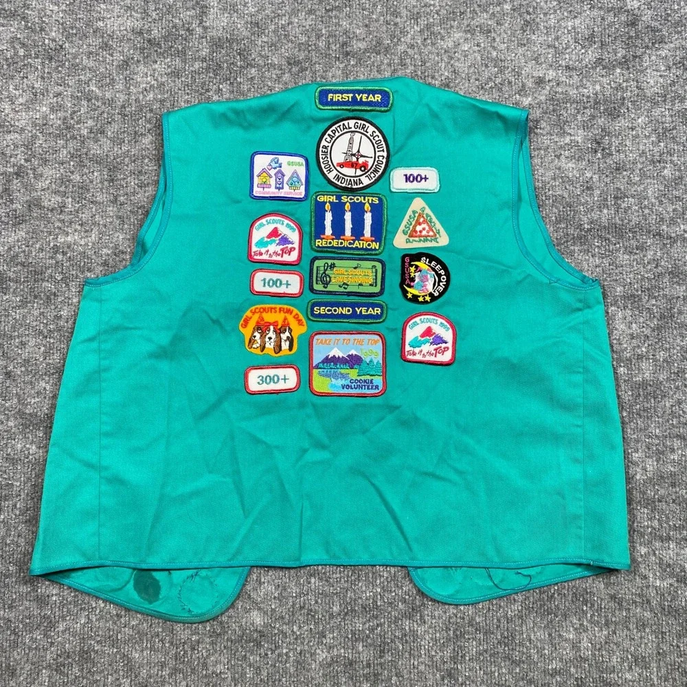 Vintage‎ Girl Scouts USA Junior Aide Vest Teal Hoosier Capital 784 Patches 1990s